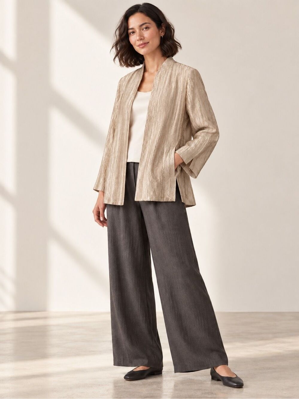 Eileen Fisher Textured Silk Open Front Jacket Champagne Size M